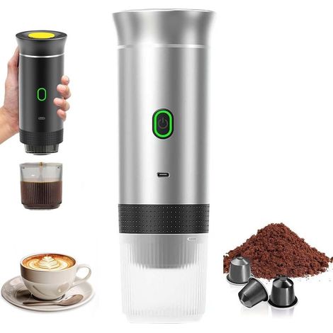 Machine à Café Portable de Voyage,Chauffage Rapide 3 En 1 Cafetiere Portable 12V, Auto-Chauffage de 4 à 6 Minutes, Grandes Capsules, Café Moulu, Pour Le Camping, Bureau, Maison, Voiture,Argent