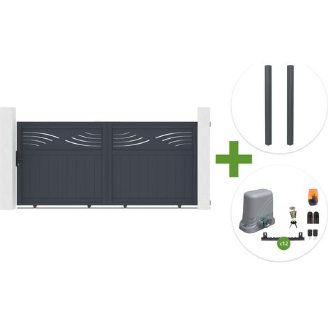 Portail coulissant 3m HALTI H.140cm aluminium gris + 2 poteaux ELDA 15x15cm + motorisation Tanker C600 (1/5)