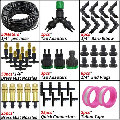 (KIT001--50M-B) Système de brumisation pour jardin, arrosage goutte à goutte extérieur, buses atomiseur en laiton 1/4'', tuyau 4/7 mm, pour serre ou parasol (1/5)