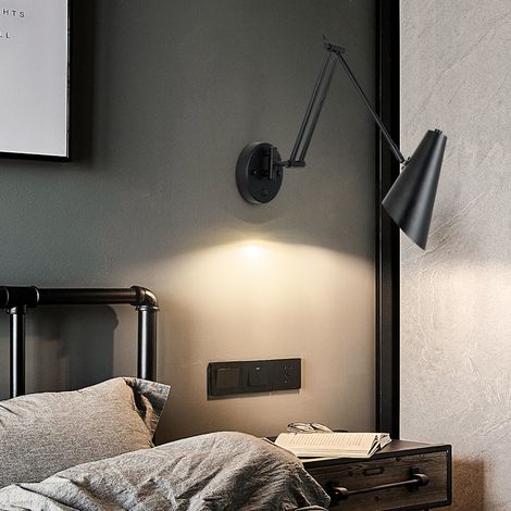 Applique murale de lecture orientable en fer noir, spot industriel E27 pour salon, bureau ou loft, éclairage mural moderne, lampe pivotante style vintage, B01 (1/2)