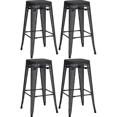 Juego de 4 taburetes de bar con reposapiés apilables de diseño industrial en metal perforado negro 100004509
