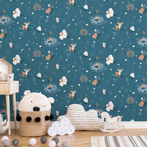 Papier peint enfant animaux forêt fond bleu (1/4)