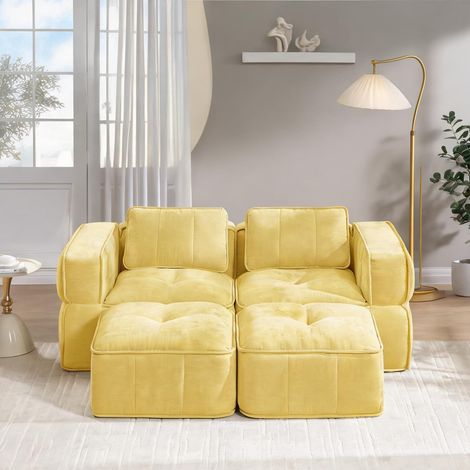 Canapé modulable jaune en tissu polyester avec 2 poufs (1/5)