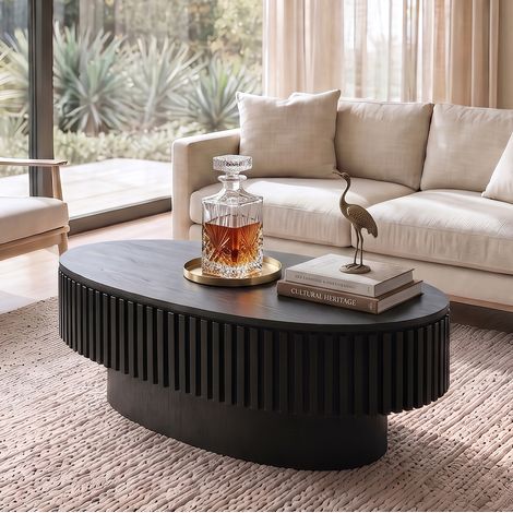 Mesa de centro ovalada 98x60x35 cm en MDF y chapa de madera negra con almacenaje oculto (1/5)