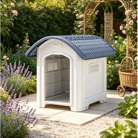 Niche chien extérieure 71x60x63 cm en PP blanc et gris foncé, toit imperméable pour jardin – MEUBLIV (1/5)