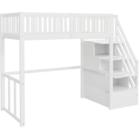 Cama alta 90 x 200 cm con escalera de almacenamiento, madera blanca (1/5)