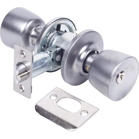 1 - Poignée De Porte - Serrure Tubulaire - Axe 70 Mm - Cylindre Extérieur Bouton Intérieur - Chromé Mat - Pour Entrée Maison