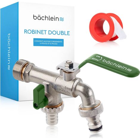 Robinet Jardin Double - 2 Sorties - Laiton Nickelé - 1/2 et 1 Pouce - Extérieur (1/5)