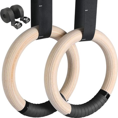 Anneaux de Gymnastique en Bois 28mm, Anneaux Sport Olympique avec Sangle Antidérapante, Boucle Réglable et Marqueurs - Anneaux d'entraînement pour Entraînement Complet du Corps (1/5)