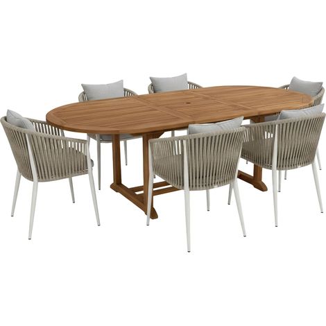 AXI Marzi/Faye Ensemble de jardin, 7 pièces - 6 personnes - Beige  Salle à manger en teck avec table de jardin ovale à rallonges  Avec 6 chaises de jardin, coussins inclus  Pour l'extérieur