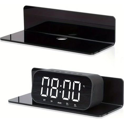 Étagère murale (noire) en acrylique avec support pour horloge et haut-parleur, idéale pour le salon, la chambre ou la salle de bain. (1/5)