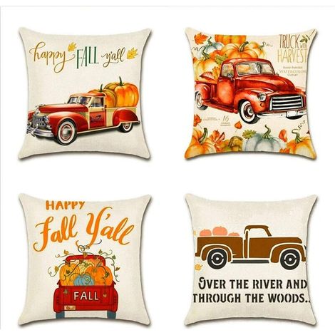 Thanksgiving Day Housse De Coussin, Lot de 4 L'automnCoton et Lin Décoratif Taie d'oreiller Canapé Voiture Maison Décor Housses de Coussin 45 x 45 cm (Citrouille avec Camion) (1/5)