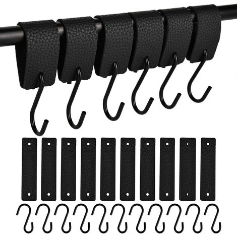 Juego de 10 ganchos en forma de S de metal negro con presillas de cuero, ganchos multifuncionales para barras de ropa, dormitorios, armarios y cocinas. (1/5)