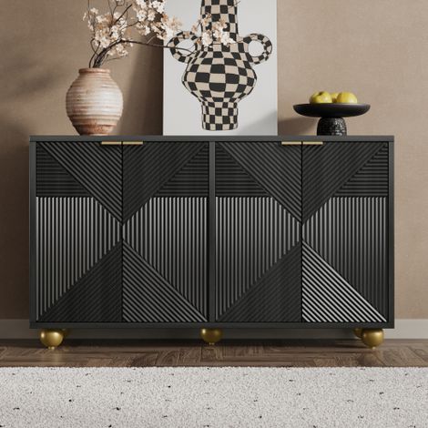 Sideboard mit vier geformten Türen, verstellbaren Innenböden, Metallgriffen und kugelförmigen Beinen