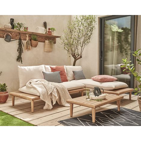 Bestmobilier – Salon de jardin Papeete 4 places – Table rectangulaire en bois d'acacia FSC 100% – Coussins déhoussables en tissu déperlant