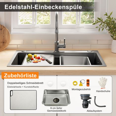 Évier encastrable inox PVD 75x45 cm multifonction avec planche à découper et panier filtrant, vidage cascade, isolation phonique, 3 perçages pour robinet, lavabo de cuisine anti-condensation (1/5)