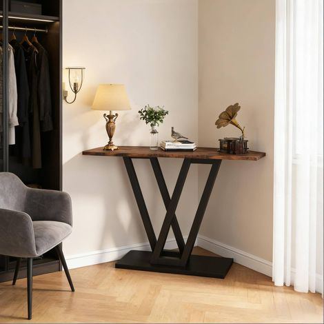 Consolle ingresso 110x30x80 cm, gambe in metallo a V, design salvaspazio, legno e metallo, nero marrone rustico (1/5)