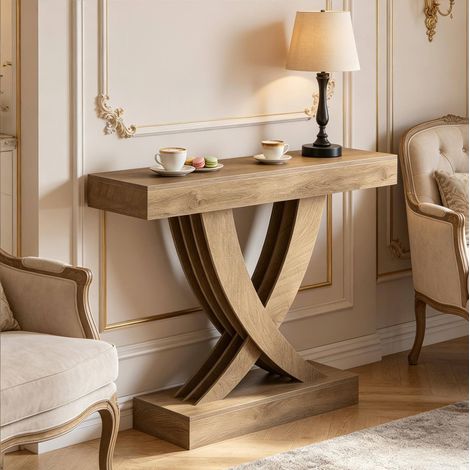 Consola de entrada de MDF marrón con patas en X, 110 x 30 x 85 cm, carga 100 kg (1/5)