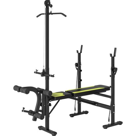 Banc de musculation Fitness entrainement complet dossier réglable cordes traction curler supports barre et haltères noir et jaune (1/5)