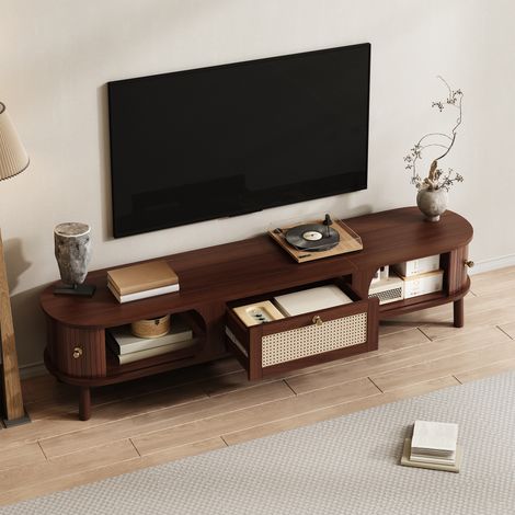 Mobile TV con ante in legno naturale e cassetti in rattan e spazio di archiviazione naturale per un'atmosfera rustica, colore naturale (1/5)