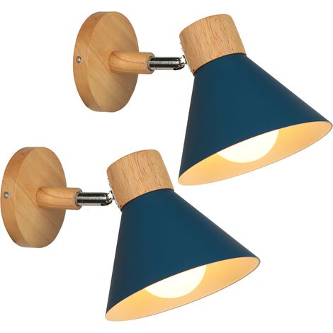 2pcs Applique Murale Intérieur Lampe de Mur Industrielle Vintage en Bois Métal Abat-jour Lampe de Chevet E27 pour Chambre Escalier Couloir Blue Foncé (1/5)