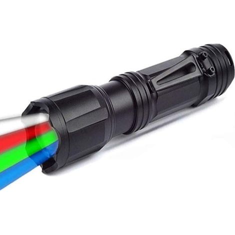Linterna LED RGBW impermeable, aleación de aluminio, batería de iones de litio, cargador incluido, senderismo, caza, supervivencia. (1/5)
