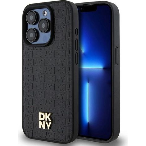 Funda rígida negra DKNY DKHMP15LPSHRPSK para iPhone 15 Pro de 6.1 pulgadas con estampado de cuero, monograma y logotipo metálico MagSafe. (1/5)