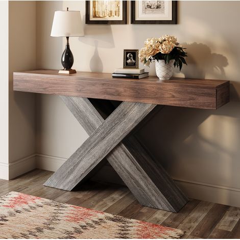 Console 140x30x80 cm couleur noyer en panneau de particules avec renfort en X et design étroit (1/5)