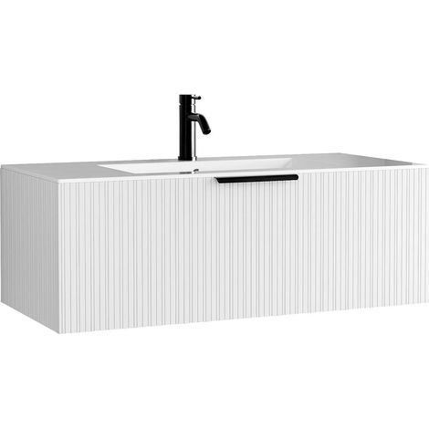 Mobile bagno sospeso con scanalature con lavabo ad incasso e rubinetto Bianco 100 cm - PALIRO (1/5)