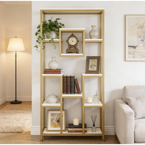 Bibliothèque dorée et blanche en métal et bois à 11 étagères avec design géométrique (1/5)