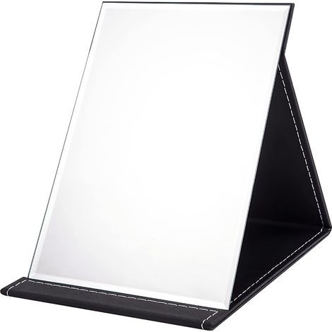 Espejo plegable portátil de 17 x 12 cm, espejo de maquillaje compacto súper HD, espejo de viaje de cuero sintético negro, espejo de tocador independiente, espejo de escritorio plegable. (1/5)