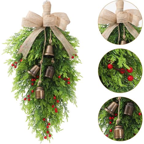 Guirlande Porte - Guirlande En Lin Naturel Avec Nœud Et Clochettes - Décor Extérieur Résistant Pour Noël Cour Jardin Intérieur - 1 Pièce (1/5)