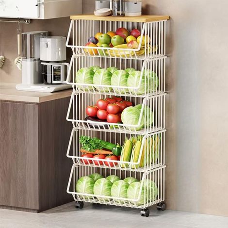 Étagère de rangement à 5 niveaux en fil métallique, à roulettes, pour fruits et légumes de cuisine, blanche