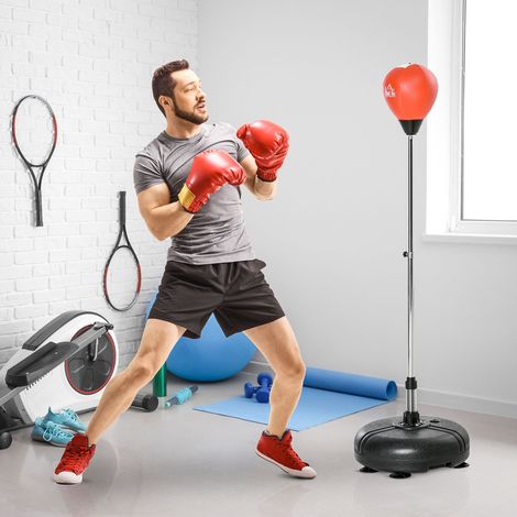 Noir Rouge - Sac de boxe debout avec hauteur réglable en 4 niveaux de 133-151 cm, sac de frappe avec base rechargeable, gants et gonflateur