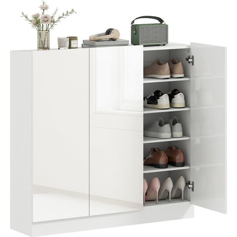 Meuble à Chaussures Slim pour Entrée Rangement 25-30 Paires Portes à Fermeture Amortie Blanc Brillant (1/5)