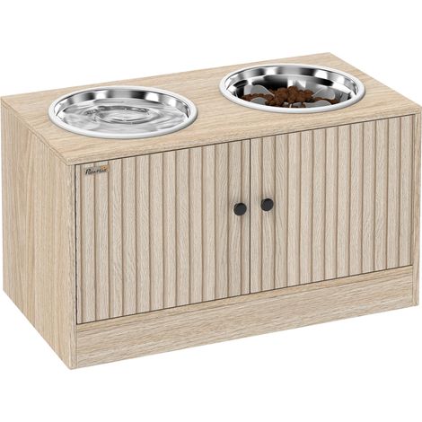 Station d'alimentation pour chiens avec 2 gamelles en acier inoxydable, placard pour ustensiles, pour grands chiens, accessoires, bois
