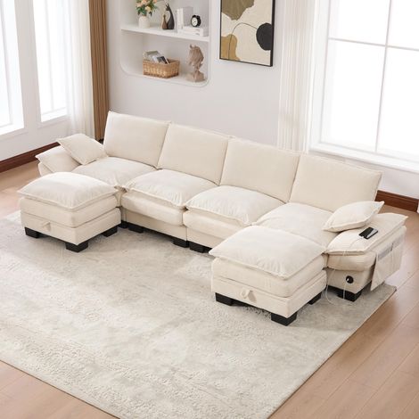 Canapé modulable 4 places velours côtelé beige, 2 poufs inclus : assise large, design ergonomique, mousse haute densité, port USB-C et poches latérales. Parfait pour salon, bureau ou salle de détente.