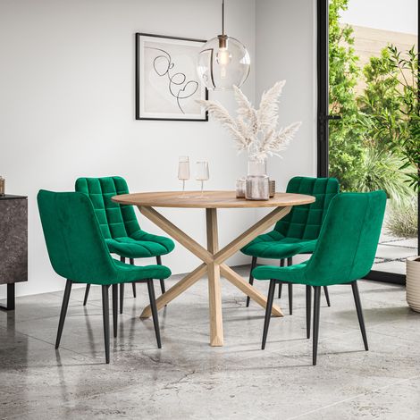 Malvern Round Dining Table And Chairs -  Oak Table Top w Solid Oak Legs + Nova Velvet Dining Chair Set Of 4 (Green) (1/5)