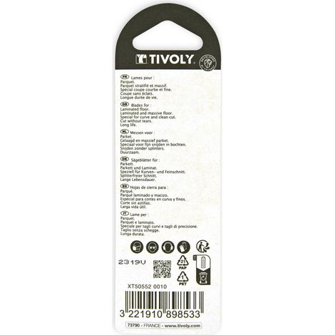 Tivoly • 2 lame per seghetto alternativo • Taglio curvo preciso • Taglio fine • Taglio senza schegge • Lunga durata • Attacco tipo T • Per parquet