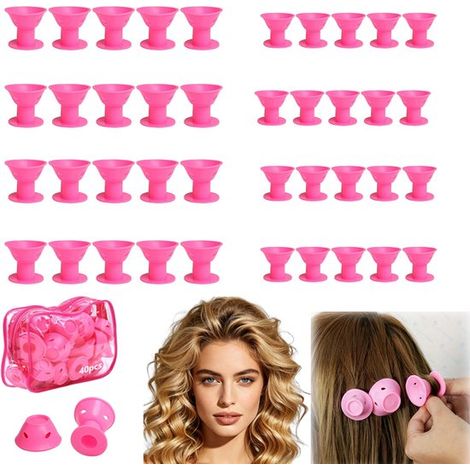 40 pièces - bigoudis - kit de boucles sans chaleur - fers à friser - rouleaux pour cheveux courts - bigoudis en silicone - Rose - Grand + Petit - Pochette de rangement incluse (rose) (1/5)