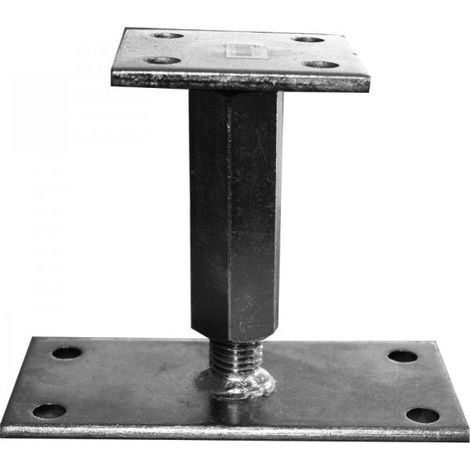 Support universel réglable pour poteau – Electro zingué – Platine 90x90 et 90x160 mm – Hauteur 110-180 mm – Fixation sur bois et béton – Waelbers (1/2)