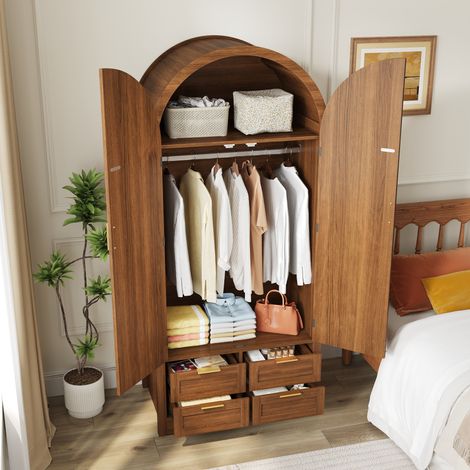 Armario con 2 Puertas Curvas, Barra, Estantes y Cajon, en MDF para Dormitorio y Recibidor, 80×50×179 cm, Nogal (1/5)