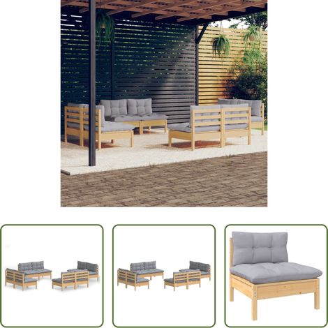 vidaXL Terrassensofa -  8-tlg. Garten-Lounge-Set mit Grauen Kissen Kiefernholz (1/5)