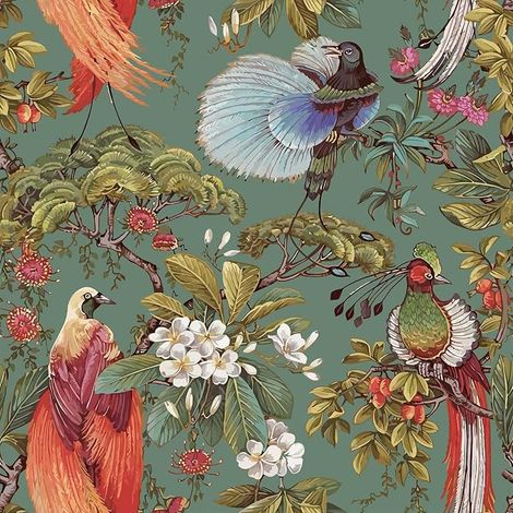 Papier Peint Fleuri Oiseaux Oriental Papier Peint Floral Chinoiserie Gris Vert 44.5cm × 300cm Stickers Meuble Vintage Adhesif Mural Decoratif Chambre Vinyle Adhesif Salle de Bain Armoire (1/5)