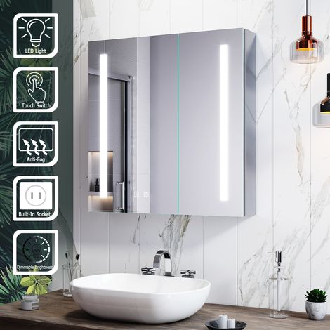 ELEGANT Design Bathroom Mirror Cabinet LED Illuminated Stainless Steel Wall Mounted 2 Door Storage Cabinet with Shaver Scocket Demester Pad Adjustable Glass Shelves 630 x 650 x 130 mm (1/5)