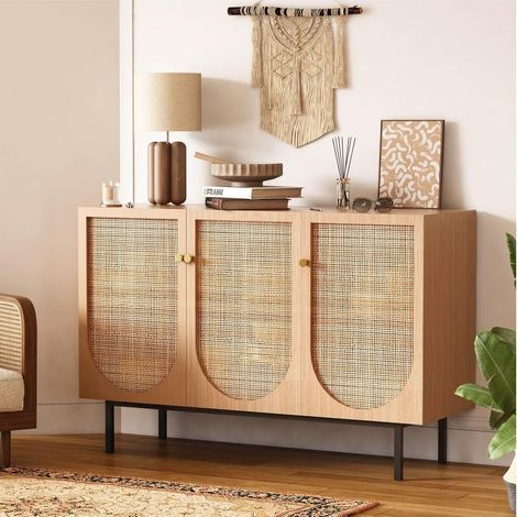 Buffet en Rotin à 3 Portes avec Étagères Réglables Armoire en Bois avec Poignées Métalliques, Meuble de Rangement Polyvalent pour Salon, Cuisine, Couloir, 117x37,5x75 cm (1/5)