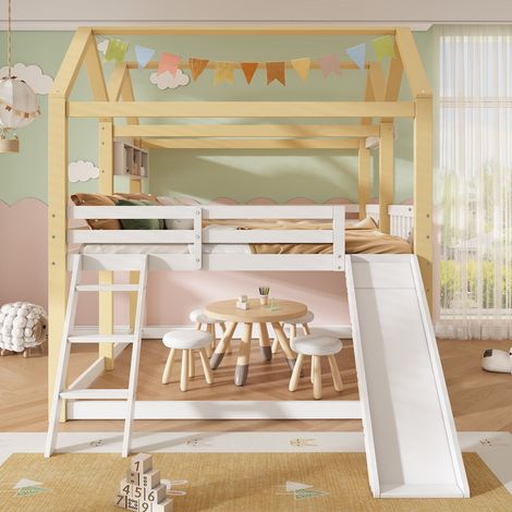 Lit mezzanine, lit enfant 90x200cm,lit cabane avec porte,espace de jeu intégré,toboggan et échelle installables à gauche ou à droite,blanc et naturel (1/5)