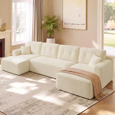 Canapé d'angle Convertible en Velours Côtelé, Banquette Lit Modulable, Canapé Compressé, 336 x 154 x 89 cm, Blanc Chaud Clair, Meubles de Salon, Collection LCS189W101 (1/5)