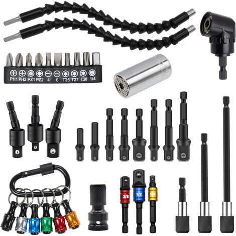Extensión de broca flexible de 38 piezas, portabrocas de ángulo recto de 105°, adaptador de vaso hexagonal, extensión de broca flexible, kit de destornilladores de extensión de portabrocas.