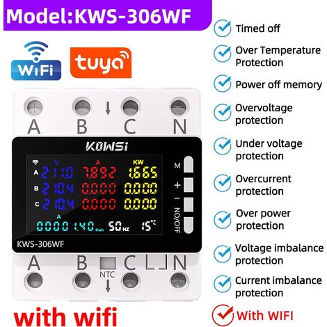 Compteur de puissance WiFi, moniteur de puissance CA, 85-290 V 80 A, triphasé quatre fils, montage sur rail DIN, avec protection contre les surtensions, modèle KWS-306WF, avec fonction WiFi. (1/5)